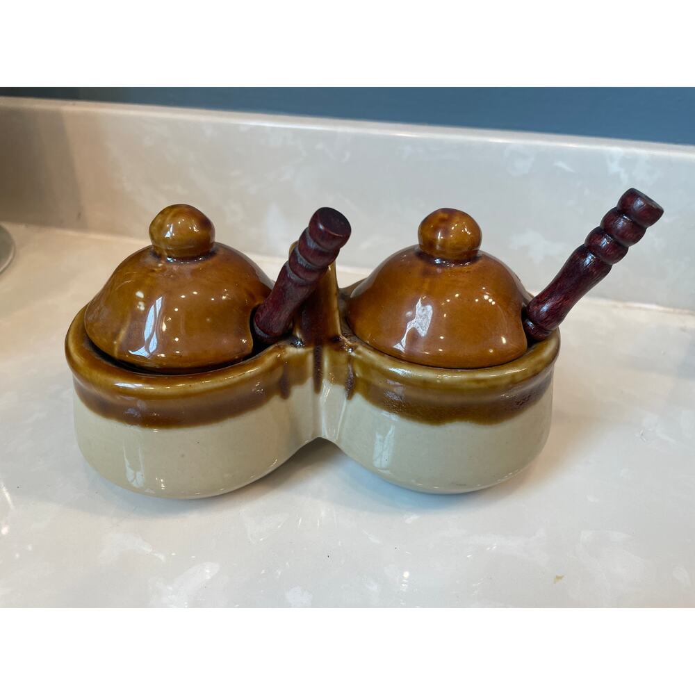 2 Joined Crocks w/Spoons Salt & Pepper Shakers